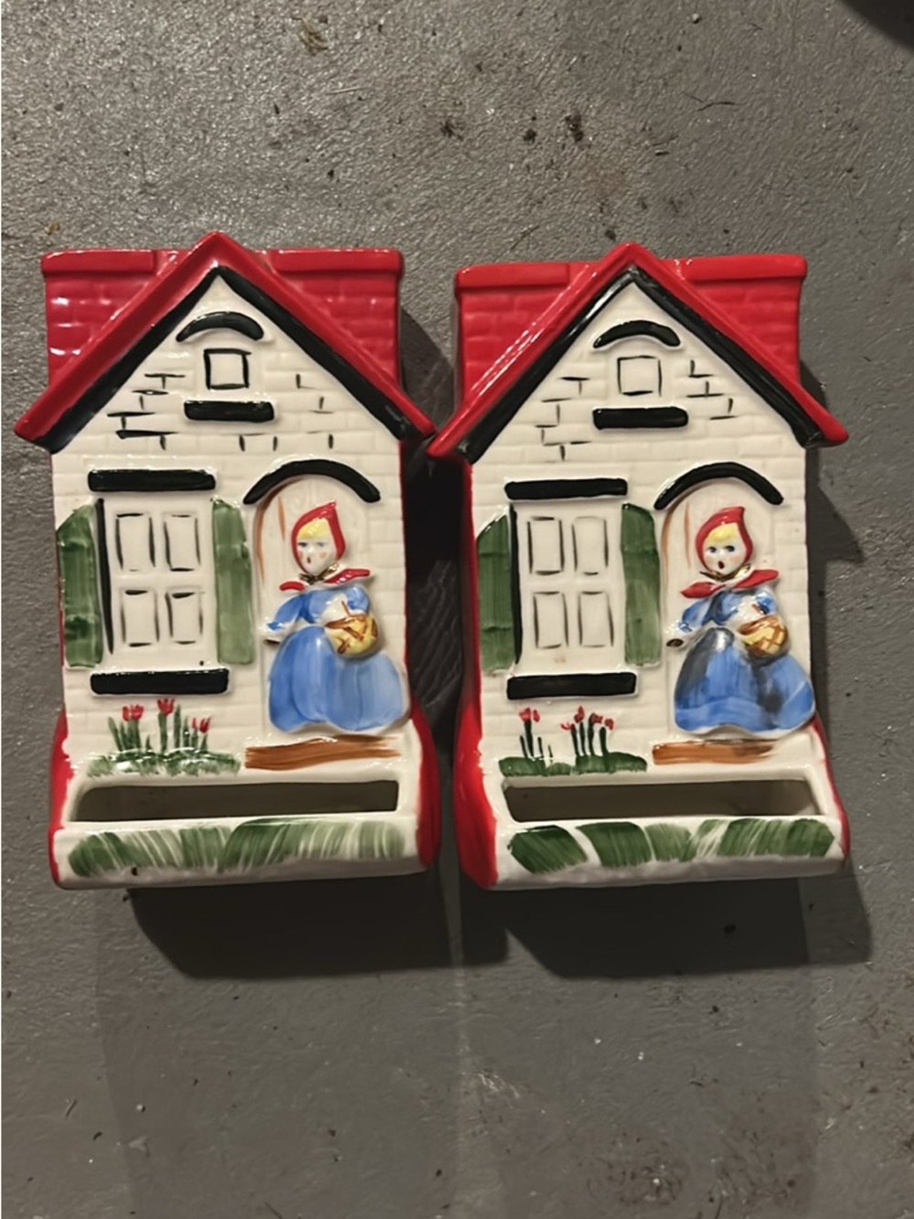 Pair of Rare Vintage Ceramic Hull Red Riding Hood Match Stick Holders